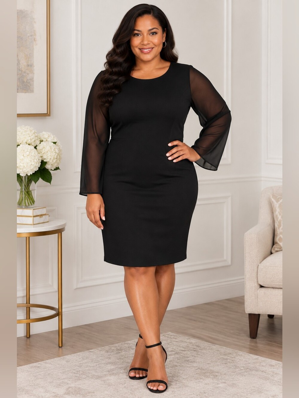 Carole Little Black Sheath Dress Plus Size 22W Sheer Long Sleeve Knee Length EUC